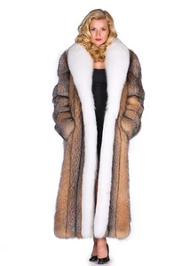 Womens Crystal Fox Fur Coat Long Real White Fox Trim Full Length - Picture 1 of 6