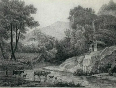 Антикварный рисунок оригинальный пейзаж напоминание о стаде, коровах, людях 19-го века - Изображение 1 из 4