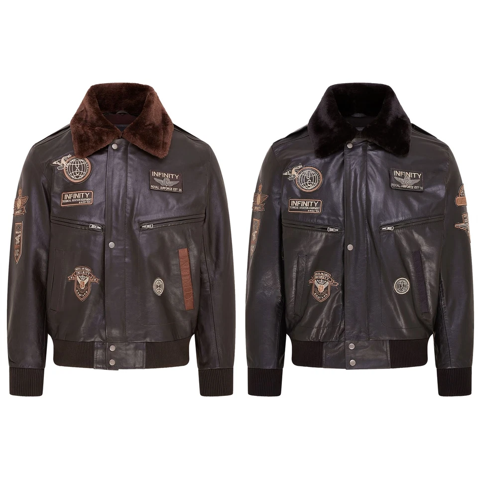 Mens Leather Bomber Jacket Air Force Badge Pilot Flying US Aviator Jacket - Image 1 of 1