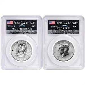 2019-S 50c Apollo 11 50th Ann. Half Dollar 2pc Set PCGS PR70 FDOI Apollo Label - Picture 1 of 2