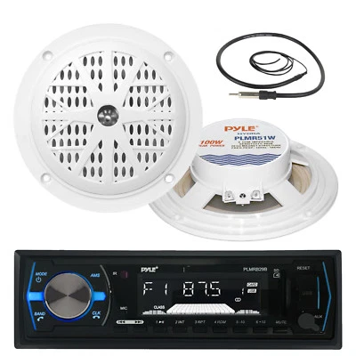 PLMRB29B Black AUX USB Marine Radio, Marine Antenna, 5.25" White 100W Speakers - Image 1 of 4