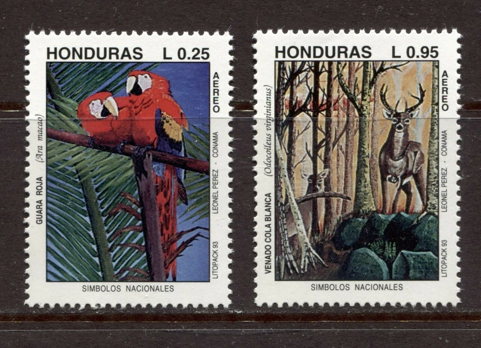 HONDURAS 1993, LORO, CIERVO, SÍMBOLOS NACIONALES, Scott C900-C901, MNH Foto 1 de 1