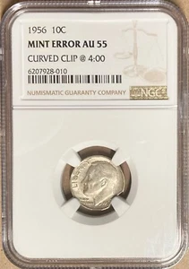 1956 NGC AU55 - Mint Error - Curved Clip - Silver Roosevelt Dime 10c - Picture 1 of 2