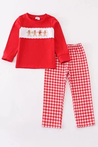 Abby & Evie Boy's Boutique Red Christmas Gingerbread Embroidered Embroidery Plai - Picture 1 of 7