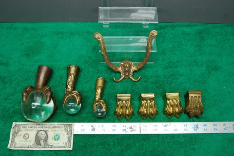 8pc Antique Vintage Brass Glass Ball Claw Feet Lion Head Hook Paw feet Hardware Cover