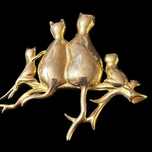 Cats on Limb Womens Gold Tone Brooch/Pin Signed By CM JENT 3.5” W X 3.5”H - Picture 1 of 3