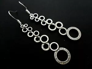 A PAIR OF LONG DANGLY TIBETAN SILVER CIRCLES THEMED EARRINGS. 925 HOOKS. NEW. - Picture 1 of 1