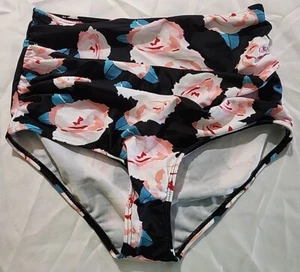 Size Medium Womens High-Waist Swimsuit Bikini Bottoms Ruched Black Floral - Picture 1 of 2