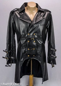 Steampunk Trench Coat Black Vinyl Double Breasted Buckled Lined Cyber Punk Coat - Picture 1 of 2