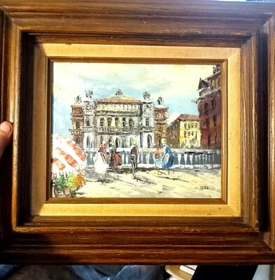 PINTURA AL ÓLEO SOBRE LIENZO VINTAGE ENMARCADA ESCENA EUROPEA POR W. ENGLE aprox 15" x 17" Foto 1 de 4