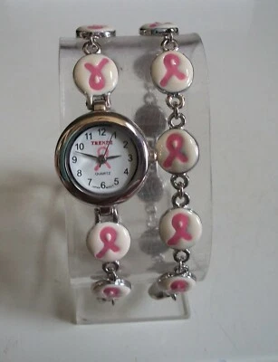 Juego de reloj y pulsera para mujer con cinta rosa concientización sobre el cáncer de mama Foto 1 de 4