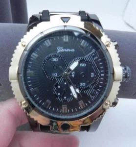 Geneva Chronograph Mens Quartz Watch Black with Gold Silicone Band NEW - Picture 1 of 4