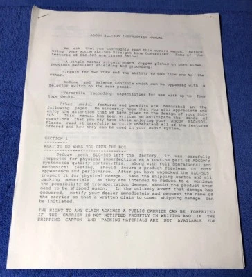 ADCOM SLC-505 A/V PREAMP CONTROLLER INSTRUCTION MANUAL COPY M229x - Image 1 of 3