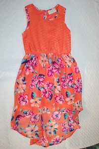 Girls Dress ORANGE CROCHET LACE Flowers CHIFFON HI-LOW Pink Blue White M 7-8 - Picture 1 of 1