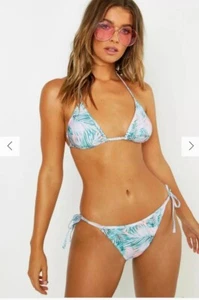 Boohoo Bikini Top Medium Green Pink Swimsuit Triangle Top Sexy Bikini - Picture 1 of 5