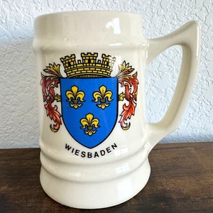1977 Oktoberfest Wiesbaden Beer Stein Mug Blue Red Gold Coat of Arms Beer Decor - Picture 1 of 7