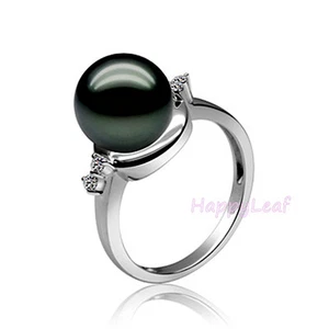 Anillo Lily Treacy 10-11mm Tahitiano Negro Perla Diamante 14K Oro Blanco Talla 7 - Imagen 1 de 4