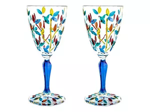 Pair of Murano Wine Glasses Multi Blue Stem Hand Painted Venice Made in Italy - Picture 1 of 5