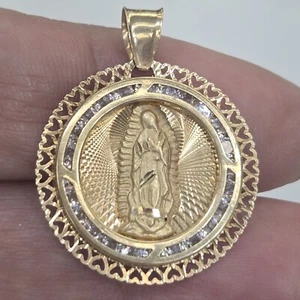 14k yellow gold virgin Mary Holy mother diamond cut round pendant charm 1 "lng - Picture 1 of 11