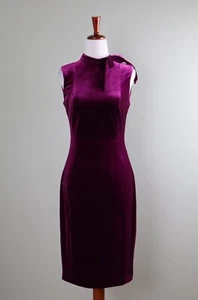 CALVIN KLEIN $99 Solid Velvet Stretch Bow Mock Neck Purple Sheath Dress Size 2 - Picture 1 of 6