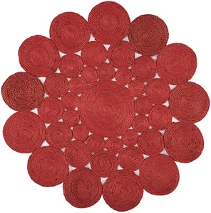 Round Jute Rug with Circle in Red Color Handmade Area Rug for Home Decor - Picture 1 of 6