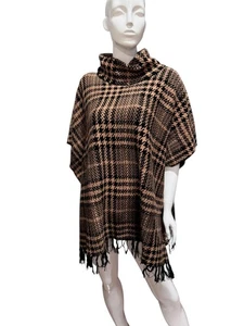 Denim & Co Poncho Pullover Damen M/L hellbraun schwarz Hahnentritt Wasserfallausschnitt Fransen - Bild 1 von 4