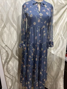 PATRONS OF PEACE Floral Blue Floral Milkmaid 70s Inspired Bohemian Maxi Dress - Picture 1 of 9