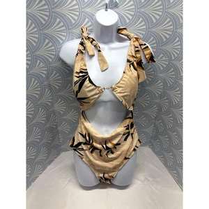 Neu Damen Einteiler Badeanzug XL beige schwarz tropische Blätter Bauchkontrolle  - Bild 1 von 7