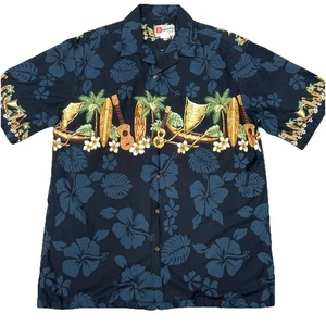 Camisa Hawaiana Hilo Hattie Talla L Ukelele Tabla de Surf Palmera Negra Marrón Verde - Imagen 1 de 12