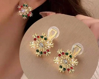 Clip on 1" gold, red, green and pearl snowflake button style earrings - Image 1 of 4