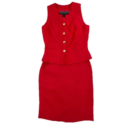 Vtg 90s Linda Allred Ellen Tracy Linen Vest Skirt Set Red Minimalist Summer 4P - Image 1 of 4