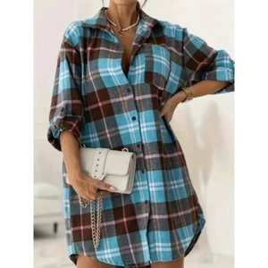 Damenmode Übergröße kariertes bedrucktes Langarmshirt - Bild 1 von 6