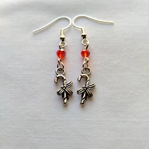 Candy Cane Charm Red Crystal Bead Dangle Earrings Handmade Silver Tone Hook - Picture 1 of 5