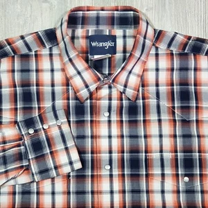 Men's Wrangler Blue Orange Plaid Pearl Snap Western Shirt - 2XL - Picture 1 of 6