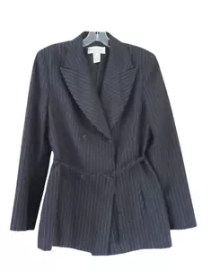 VTG Casual Corner Womens Boyfriend Blazer Jacket 6 Black Pinstripe Belt Academia - Picture 1 of 12