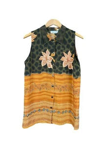 Marla Kim Olive Green & Rust Top Women Size Large Sleeveless Button Down Vintage - Picture 1 of 11