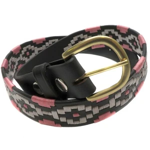 Echtleder Gürtel | Western Style | Schwarz mit genähtem weiß-rosa Muster - Bild 1 von 6