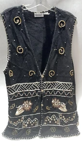 Vintage That's Me Women's Sz Large Black + Brown Embroidered Sweater Vest - Picture 1 of 3