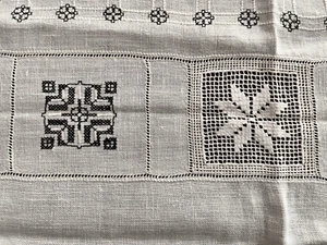 Unique Vintage Ecru/Black Embroidered Tablecloth Lace Inserts 50x50 + 6 Napkins - Picture 1 of 10
