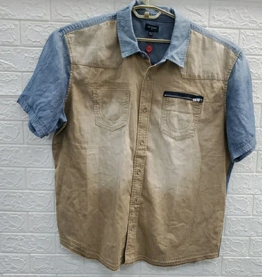New True Religion Frayed Hem Short Sleeve Denim Novelty Shirt Tan/Blue Size XXXL - Image 1 of 4