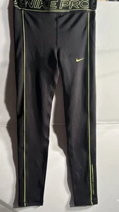 Nike Pro Girls Dri-Fit Leggings Tight Fit Mid Rise Size Large Black Neon Green - Picture 1 of 6