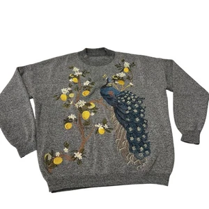 NWOT Embroidered Peacock & Lemon Tree Gray Knit Sweater Pullover - Picture 1 of 6