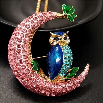 Betsey Johnson Cristal Búho Azul Luna Oro Colgante Collar Broche Bolsa de Regalo Gratis Foto 1 de 4