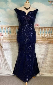 Quiz Dress 16 Blue Sequin Stretch Lace Bardot Fishtail V Bar Evening Party Maxi - Picture 1 of 8