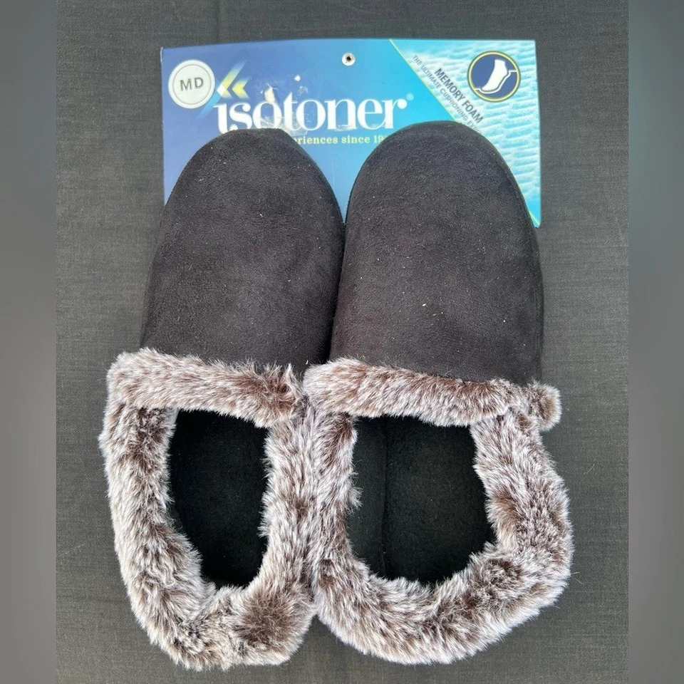 Zapatillas Isotoner Mujer M- 6.5-7.5 Negro y Gris Felpa Imitación Piel Forradas Sin Cordones Nuevas Foto 1 de 4