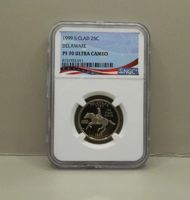 1999-S CLAD WASHINGTON PROOF DELEWARE STATE QUARTER NGC PF70 FLAG HOLDER - Image 1 of 4