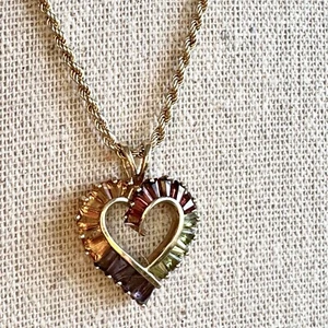14k Gold Multi Gemstone Heart Pendant Necklace - Picture 1 of 16
