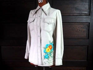 VTG 70s Beige Art Mod Floral Disco Cursed Dog Pearl Snap Chamois Shirt Shayne M - Picture 1 of 9