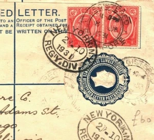 SINGAPORE KGV Cover Commercial Mail Registered USA New York 1930 PB135 - Picture 1 of 6