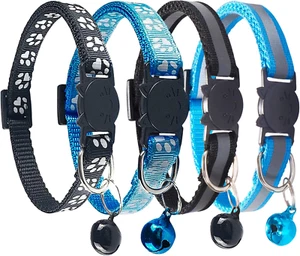 Breakaway reflektierende Nylon Katzenhalsbänder mit Glocke - 2 schwarz + 2 himmelblau - Bild 1 von 12